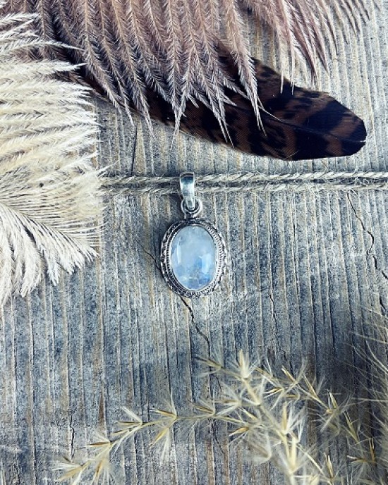 Rainbow Moonstone Pendant- Oval (Braid Border)