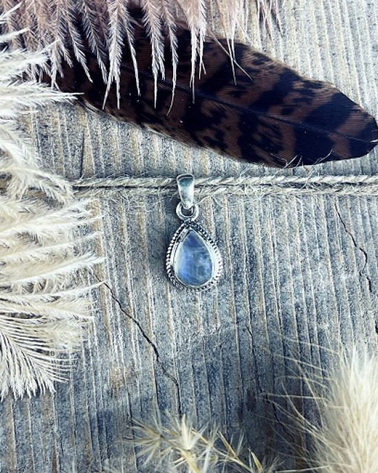 Rainbow Moonstone Pendant- Filigree Teardrop