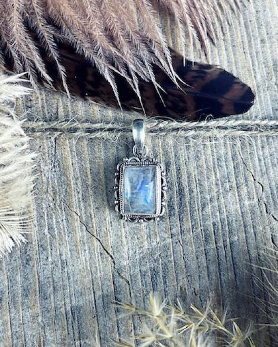 Rainbow Moonstone Pendant- Filigree Rectangle